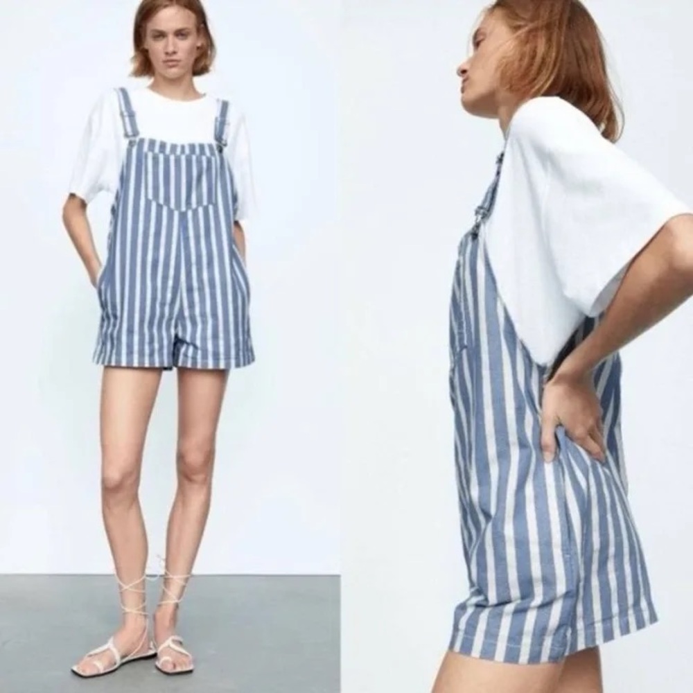 Zara White & Blue Stripe Short Denim Jumpsuit Size S